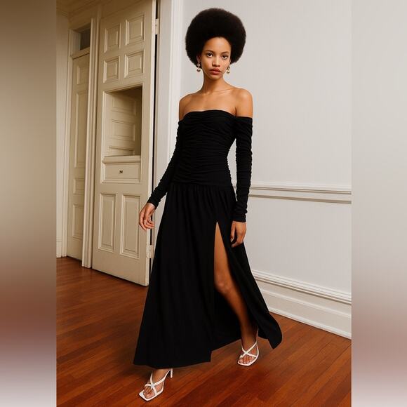 TANYA TAYLOR Marla Ruched Maxi Fit and Flare Dress Off Shoulder Long Sleeve NEW - Picture 2 of 16